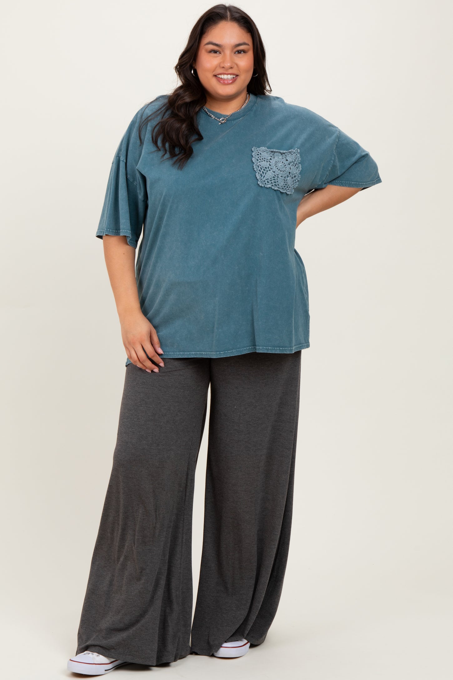 Deep Teal Mineral Wash Crochet Pocket Plus Top