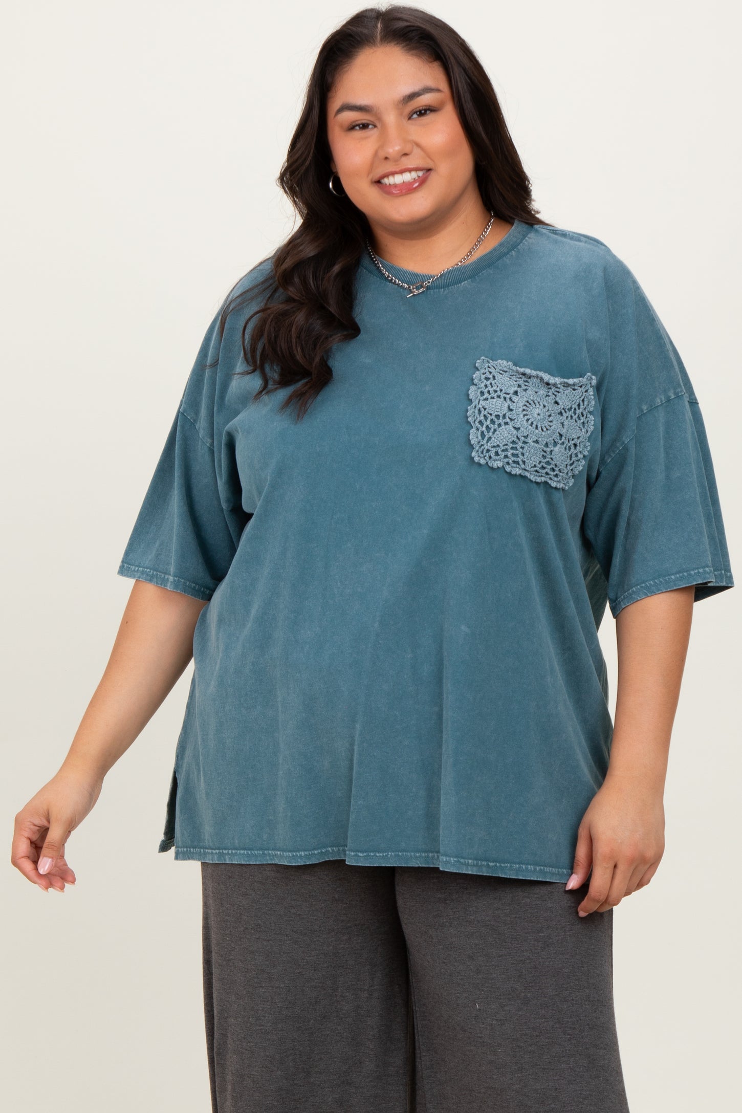 Deep Teal Mineral Wash Crochet Pocket Plus Top