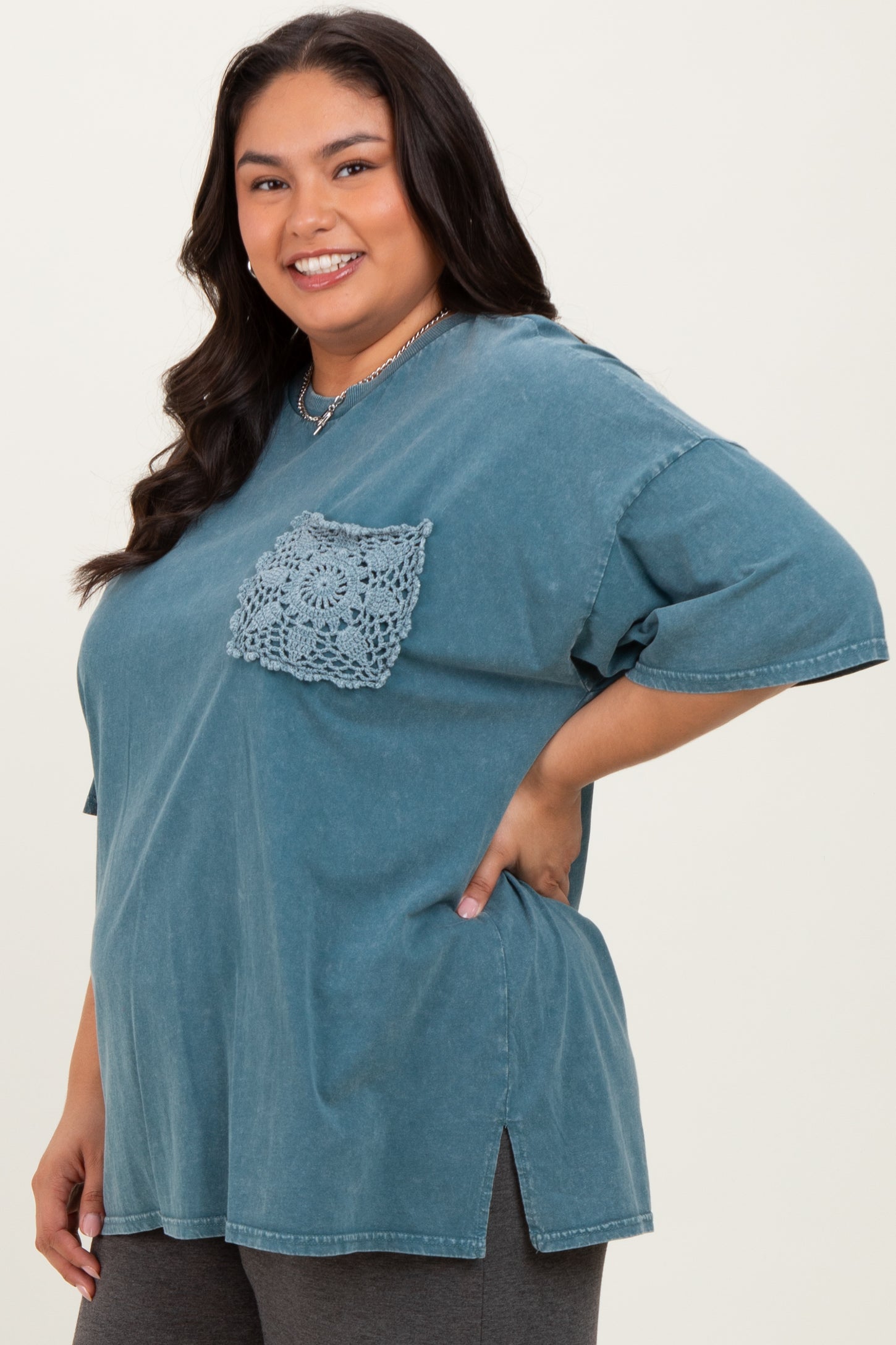 Deep Teal Mineral Wash Crochet Pocket Plus Top