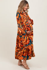 Peach Paisley V-Neck Long Sleeve Tiered Maternity Maxi Dress