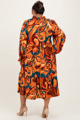 Peach Paisley V-Neck Long Sleeve Tiered Plus Maxi Dress