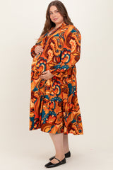 Peach Paisley V-Neck Long Sleeve Tiered Maternity Plus Maxi Dress