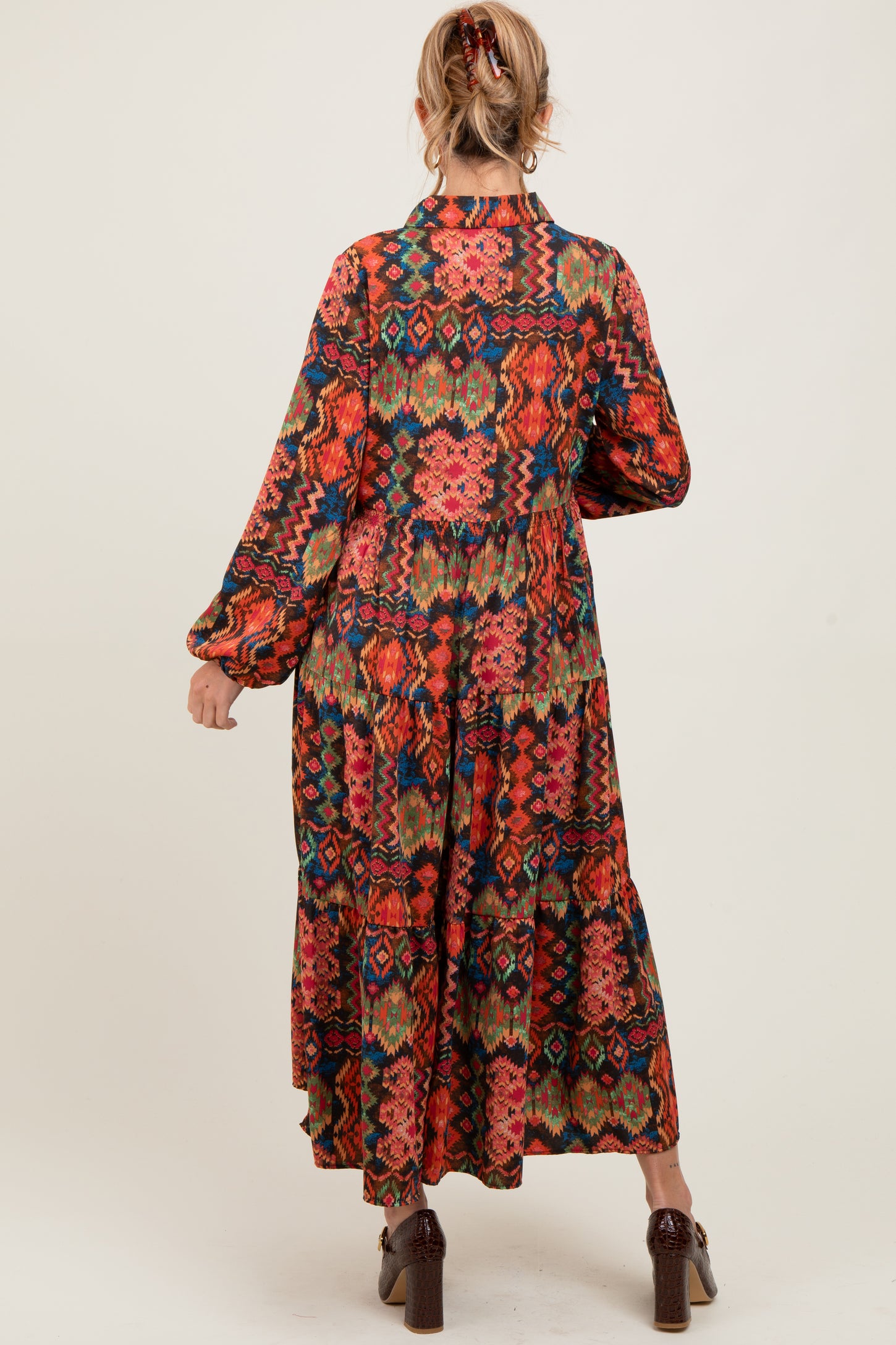 Black Printed Button Detail Tiered Maternity Midi Dress