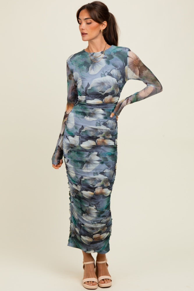 Blue Floral Mesh Overlay Ruched Maternity Midi Dress