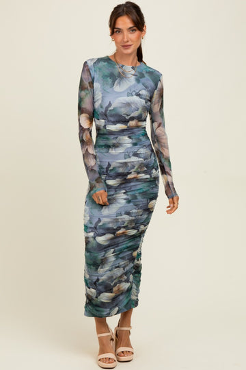 Blue Floral Mesh Overlay Ruched Midi Dress