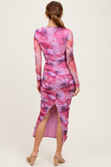 Fuchsia Floral Mesh Overlay Ruched Midi Dress