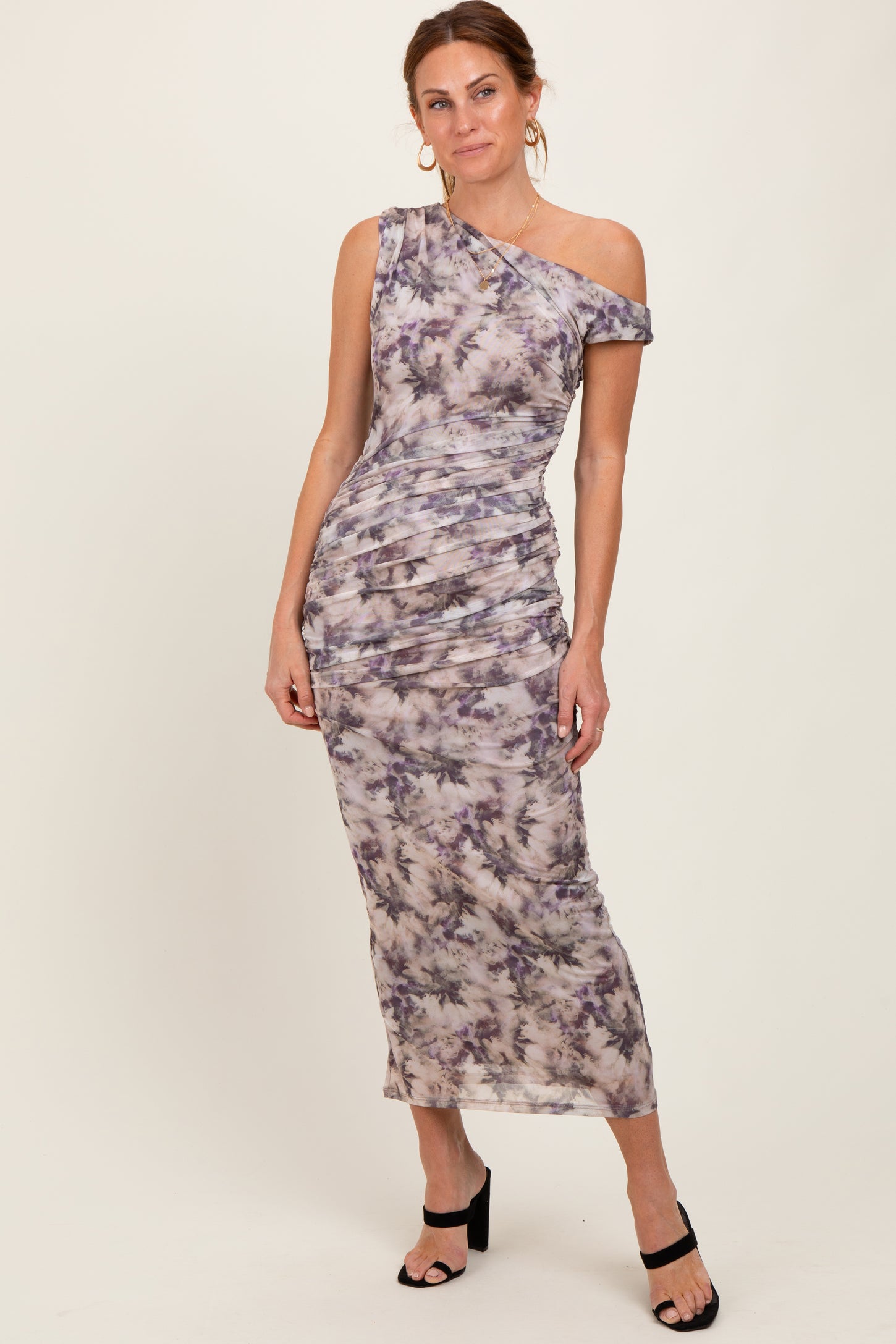 Purple Floral Ruched One Shoulder Midi Dress