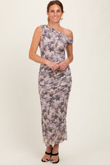 Purple Floral Ruched One Shoulder Maternity Midi Dress