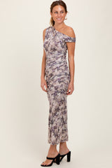 Purple Floral Ruched One Shoulder Midi Dress