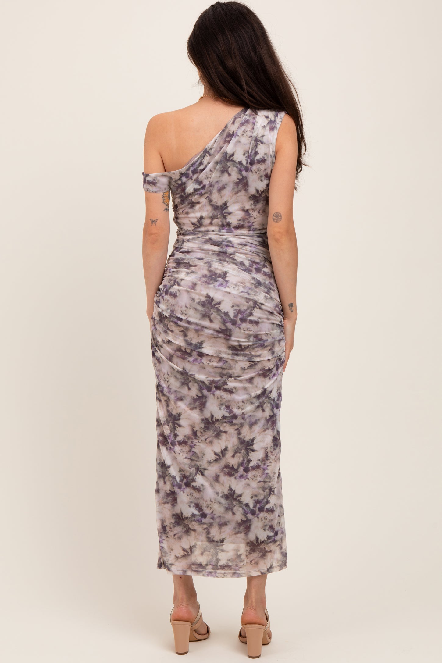 Purple Floral Ruched One Shoulder Maternity Midi Dress