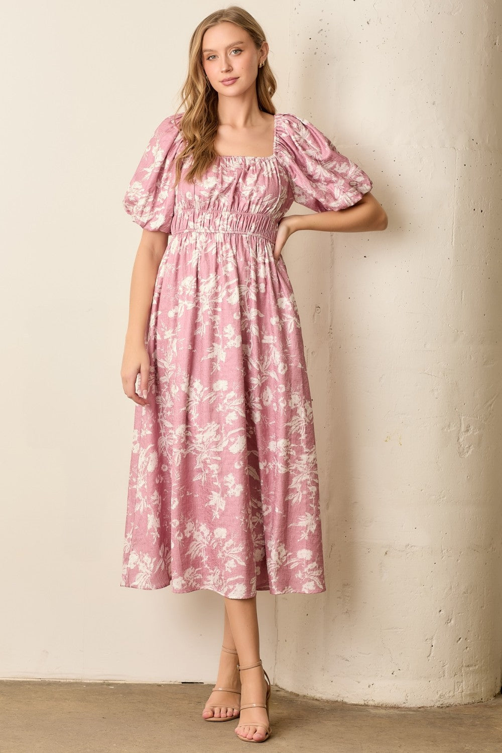 Pink Floral Puff Sleeve Smocked Waist Maternity Midi Dress
