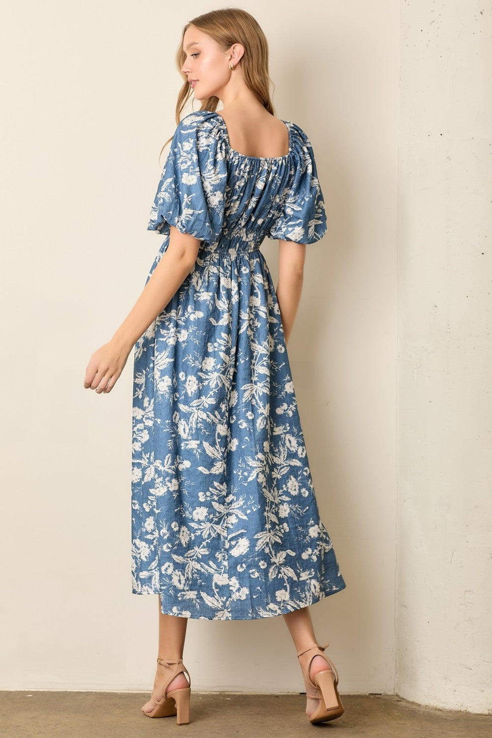 Light Navy Floral Puff Sleeve Smocked Waist Midi Dress