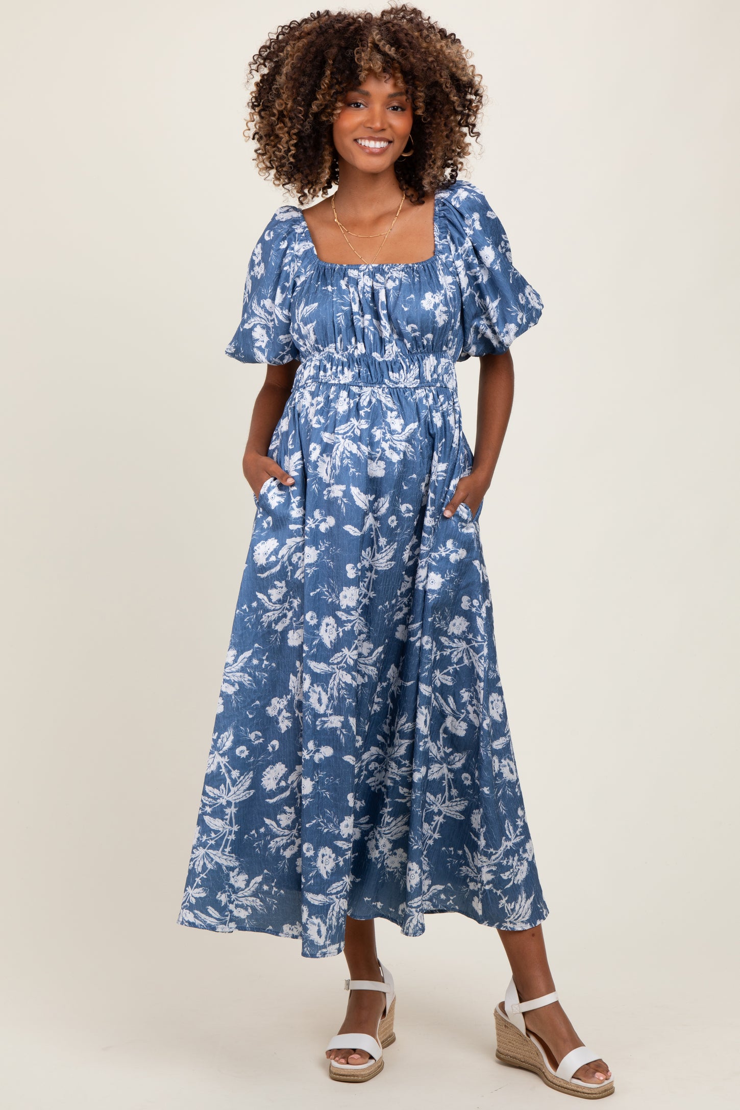 Light Navy Floral Puff Sleeve Smocked Waist Maternity Midi Dress