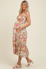 Mocha Floral Smocked Sleeveless Maternity Midi Dress