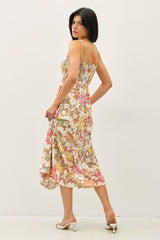 Mocha Floral Smocked Sleeveless Midi Dress