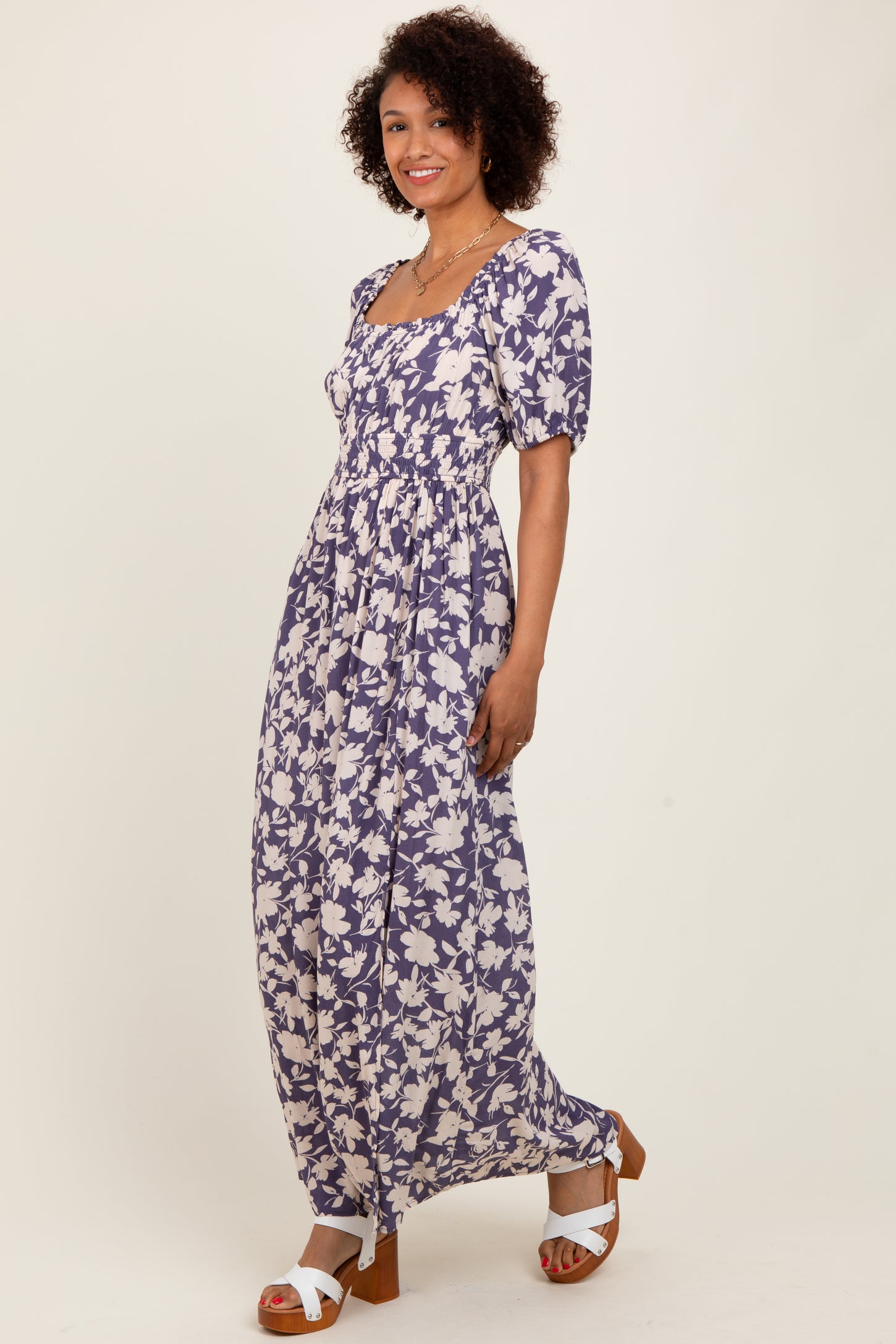 Periwinkle Smocked Waist Front Slit Maxi Dress