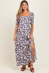 Periwinkle Smocked Waist Front Slit Maternity Maxi Dress