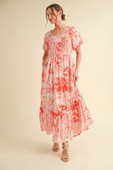 Coral Floral Print Smocked Bodice Maxi Dress