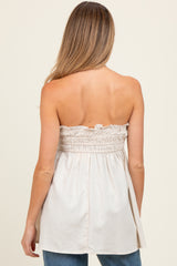 Beige Linen Ruched Strapless Tube Tunic Maternity Top