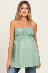 Light Olive Linen Ruched Strapless Tube Tunic Maternity Top