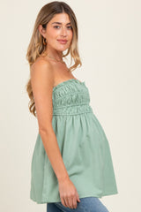 Light Olive Linen Ruched Strapless Tube Tunic Maternity Top