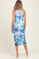 Teal Printed Mesh Overlay Sleeveless Fitted Maternity Midi Dress