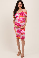 Fuchsia Floral Mesh Off Shoulder Halter Maternity Midi Dress