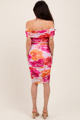 Fuchsia Floral Mesh Off Shoulder Halter Maternity Midi Dress