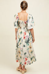 Cream Tropical Print Front Tie Flutter Sleeve Maternity Midi Dress