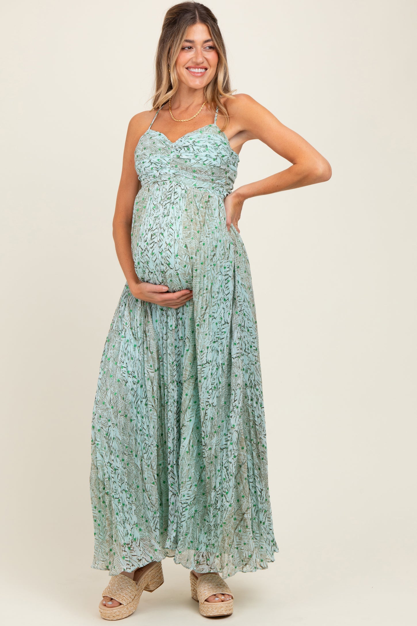 Mint Green Floral Cutout Tie Back Maternity Maxi Dress