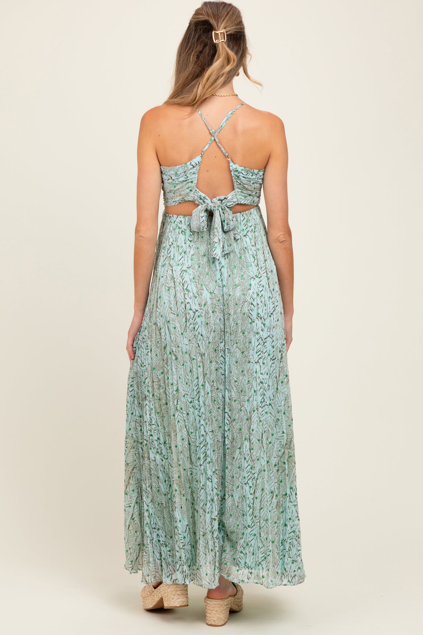 Mint Green Floral Cutout Tie Back Maternity Maxi Dress