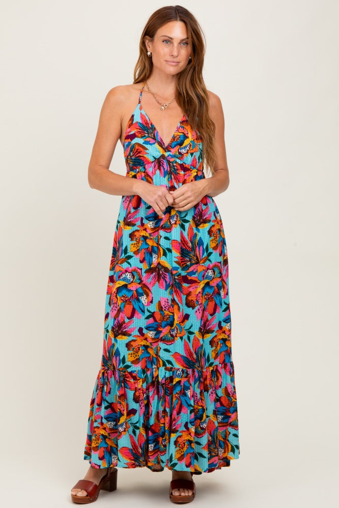 Multicolor Floral Deep V-Neck Halter Maternity Maxi Dress