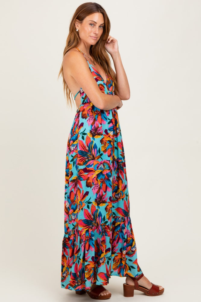 Multicolor Floral Deep V-Neck Halter Maxi Dress