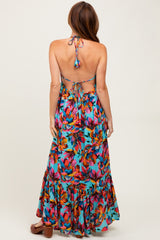 Multicolor Floral Deep V-Neck Halter Maxi Dress