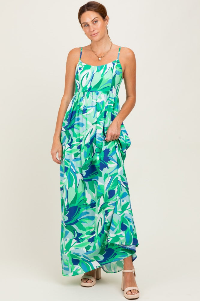 Green Printed Shoulder Tie Maxi Dress