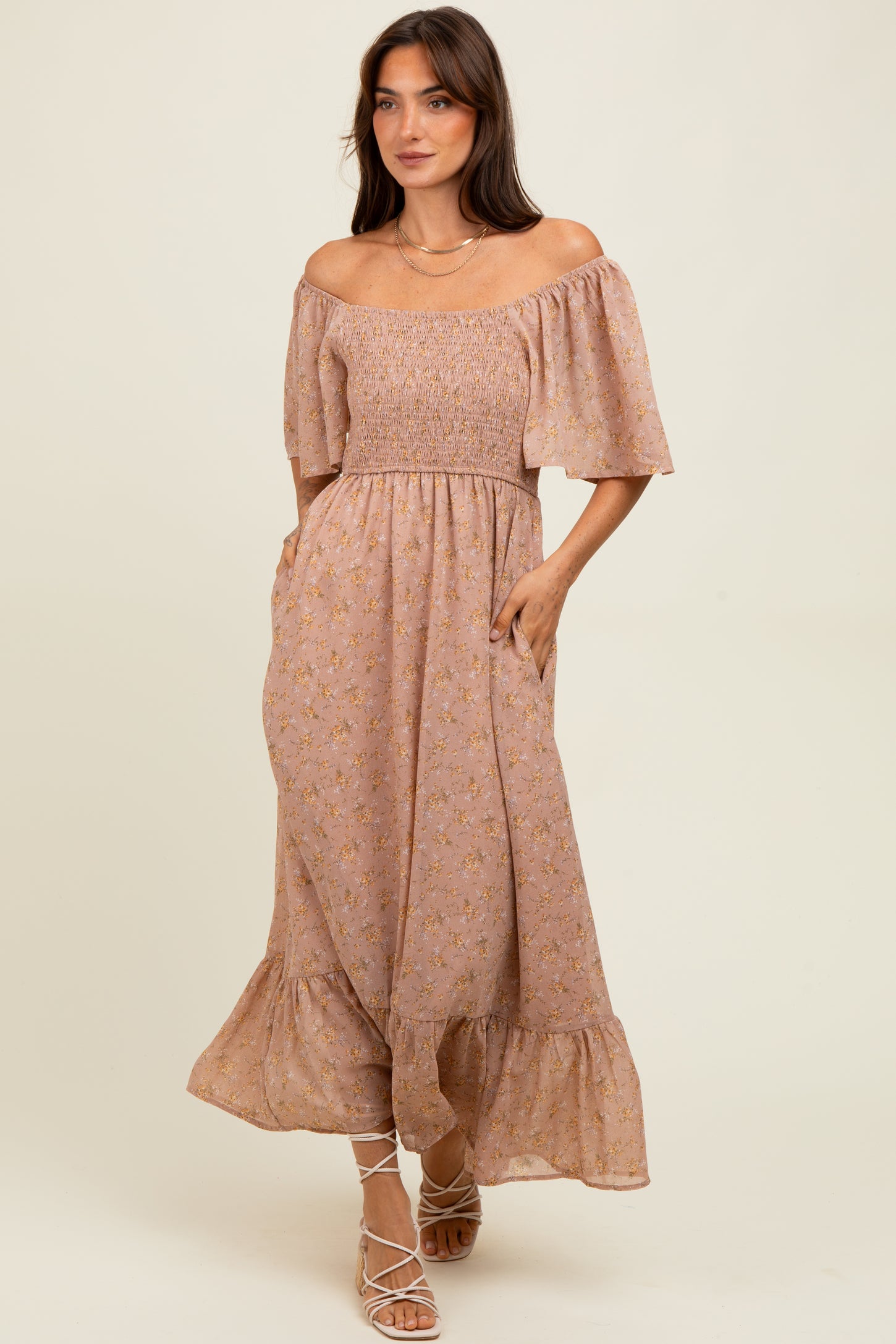 Mauve Floral Flutter Sleeve Ruffle Hem Midi Dress