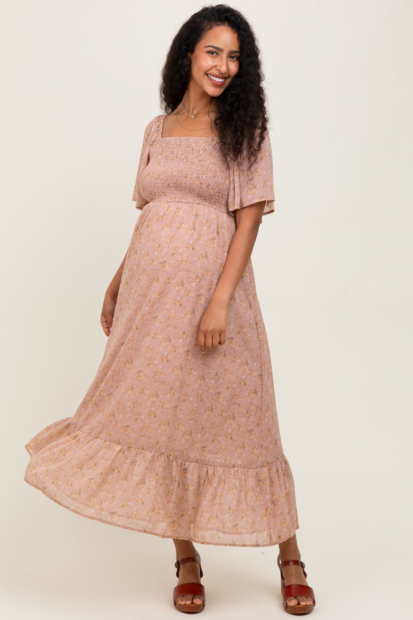 Mauve Floral Flutter Sleeve Ruffle Hem Maternity Midi Dress