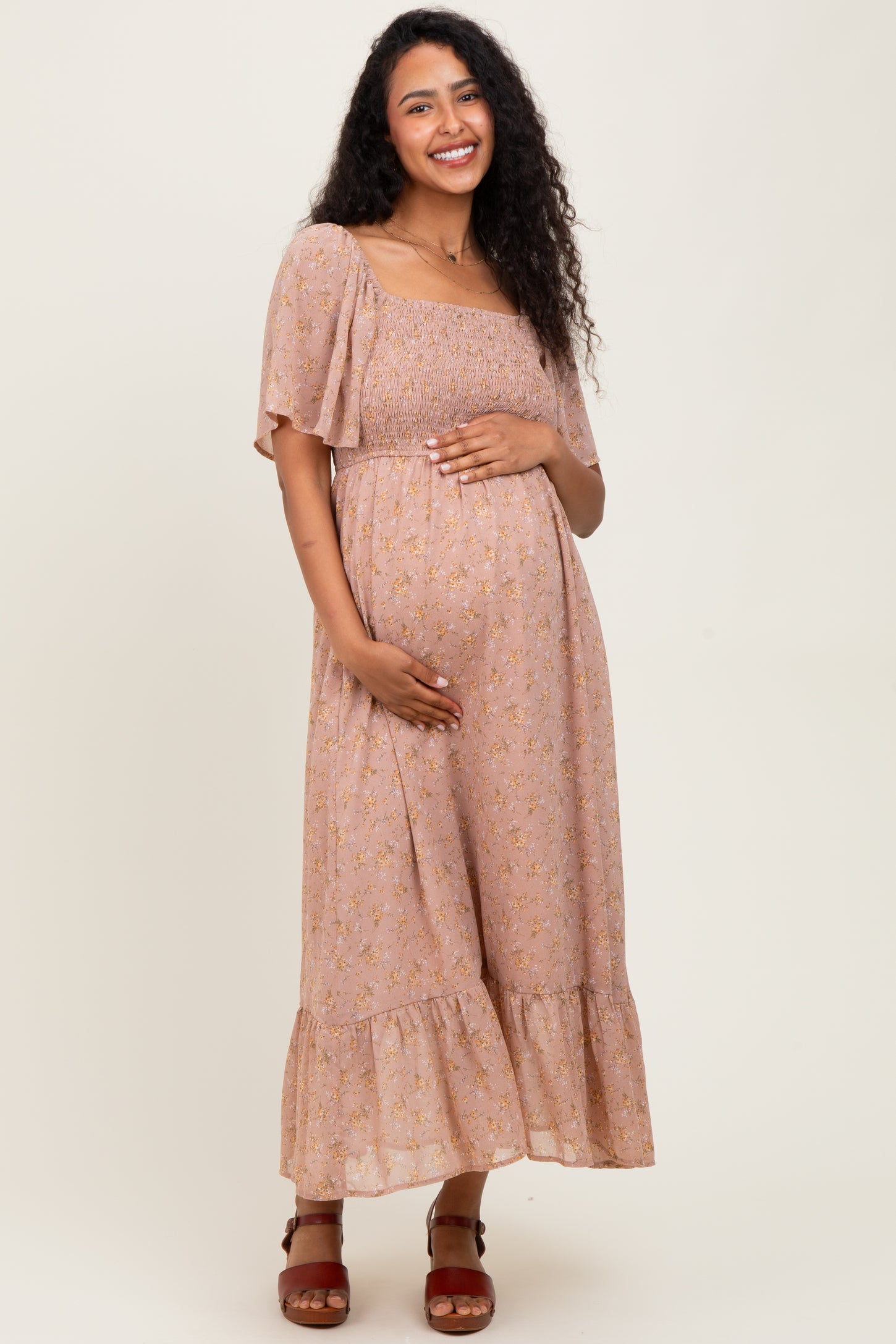 Mauve Floral Flutter Sleeve Ruffle Hem Maternity Midi Dress