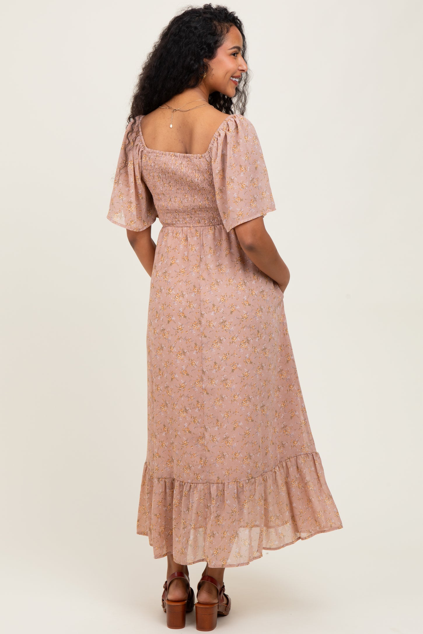 Mauve Floral Flutter Sleeve Ruffle Hem Maternity Midi Dress