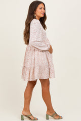 Beige Floral Long Sleeve Maternity Dress