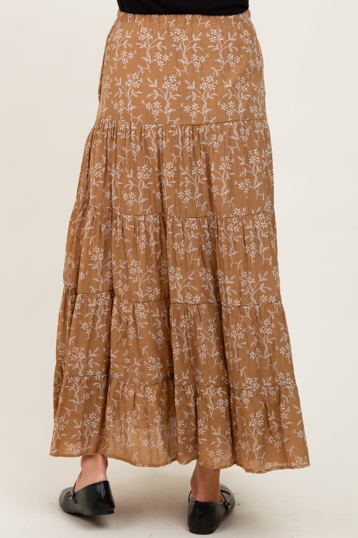 Camel Floral Drawstring Tiered Maternity Maxi Skirt