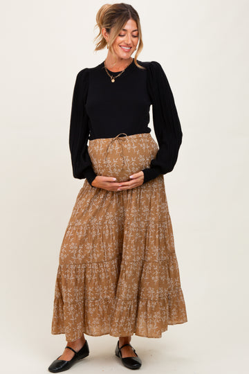 Camel Floral Drawstring Tiered Maternity Maxi Skirt