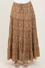 Camel Floral Drawstring Tiered Maxi Skirt