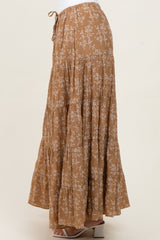 Camel Floral Drawstring Tiered Maxi Skirt