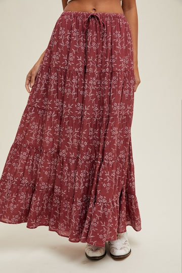 Rust Floral Drawstring Tiered Maxi Skirt
