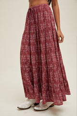 Rust Floral Drawstring Tiered Maxi Skirt