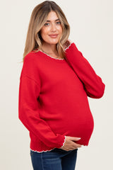 Red Contrast Scallop Trim Maternity Sweater
