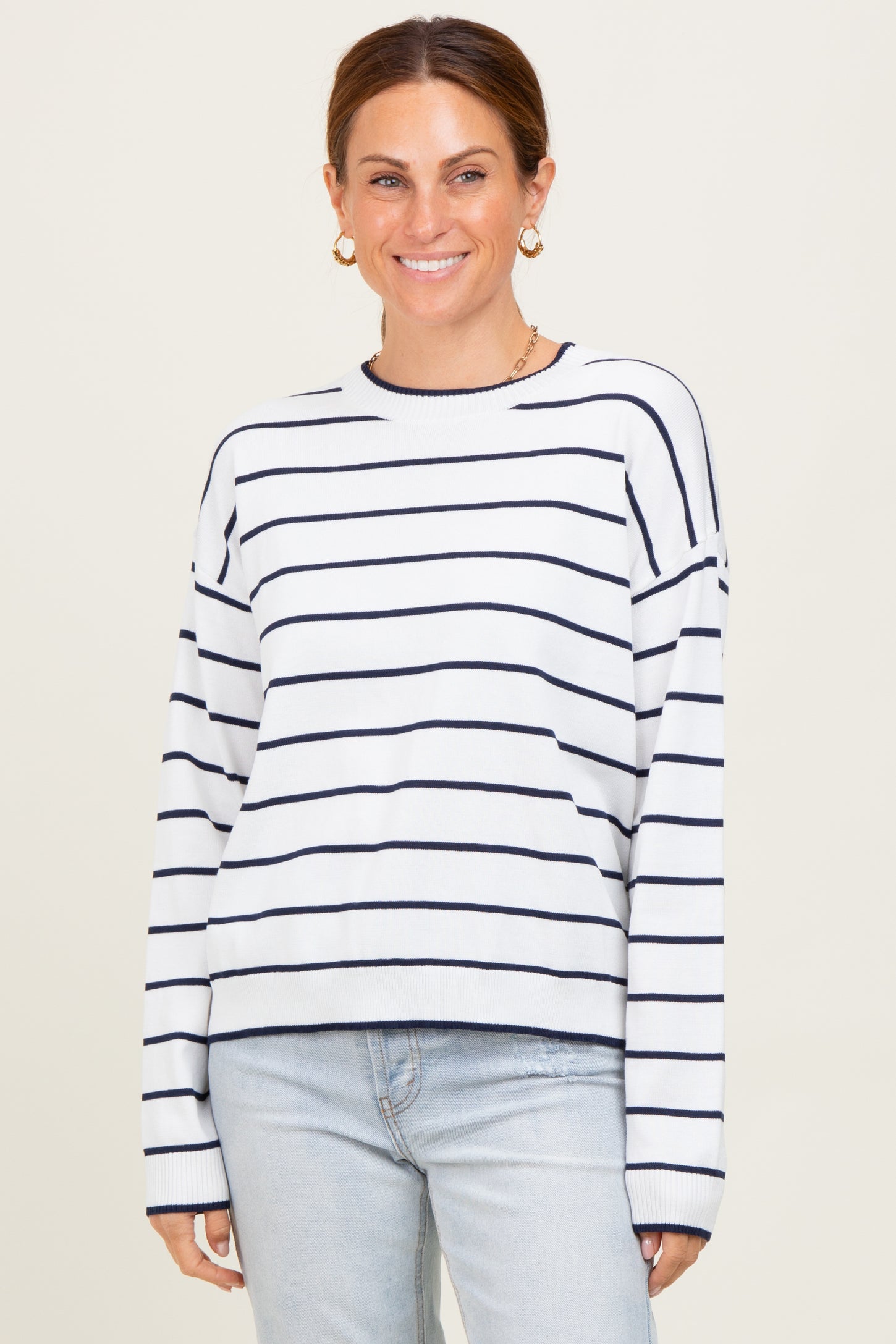 White Striped Drop Shoulder Maternity Sweater