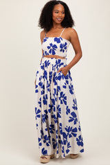 Royal Blue Floral Smocked Top With Maxi Skirt Maternity Set