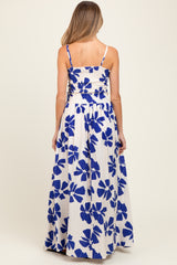 Royal Blue Floral Smocked Top With Maxi Skirt Maternity Set